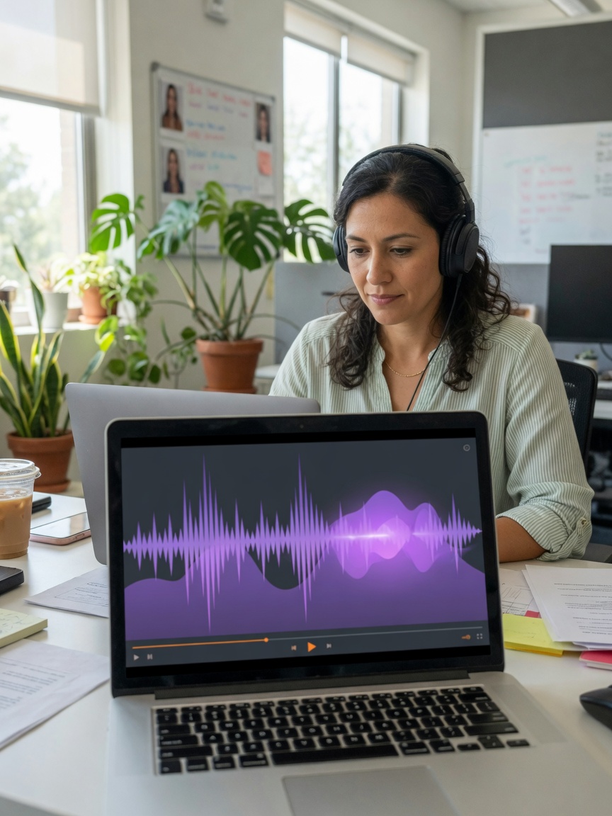 Recruiter wearing headphones at her desk listening to a WorkSignal voice screen playback, laptop screen showing a violet audio waveform of the candidate's recorded interview