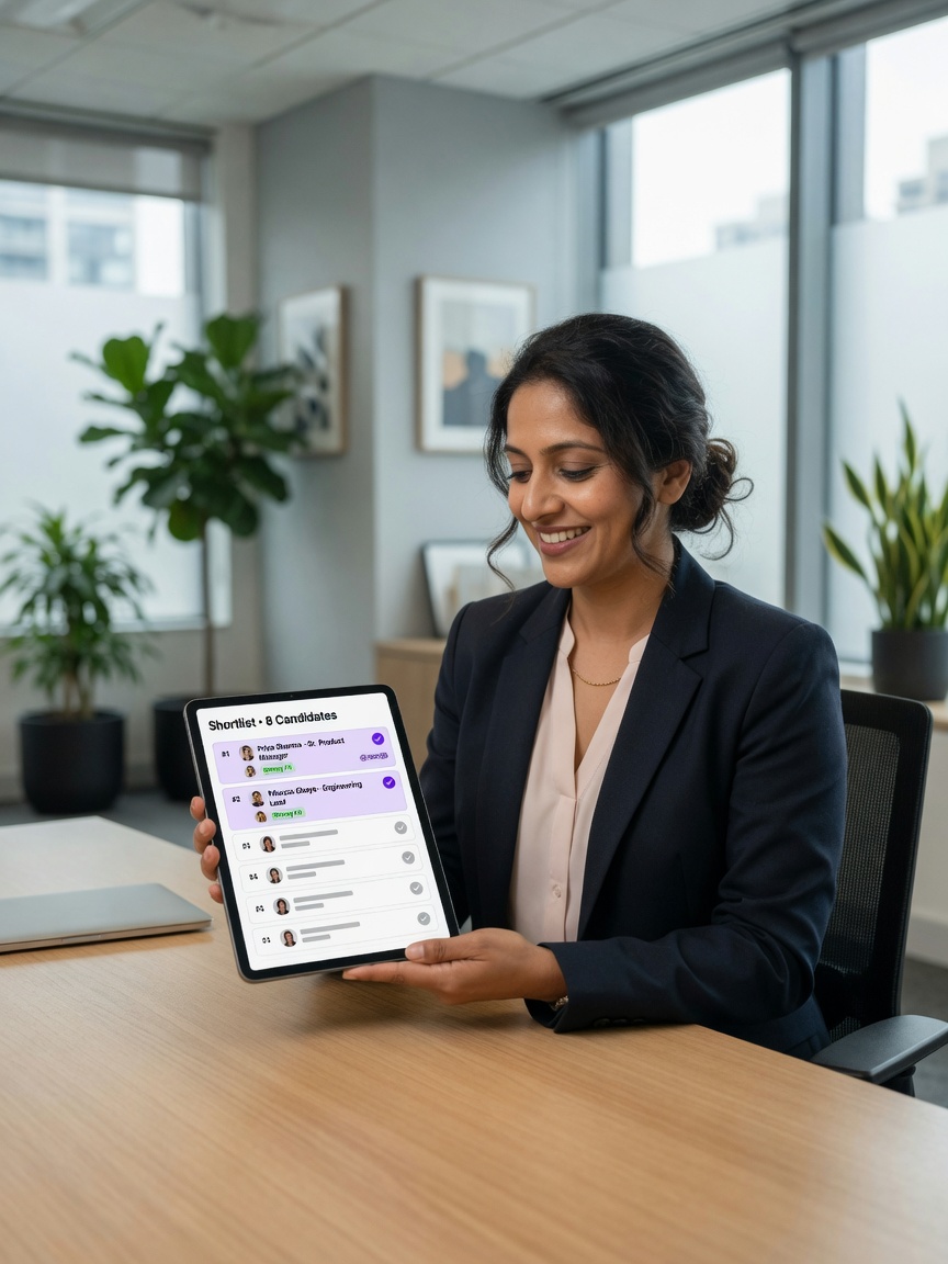 Recruiter reviewing a ranked, authenticity-verified candidate shortlist on a tablet over morning coffee, with WorkSignal's violet-highlighted top candidates visible