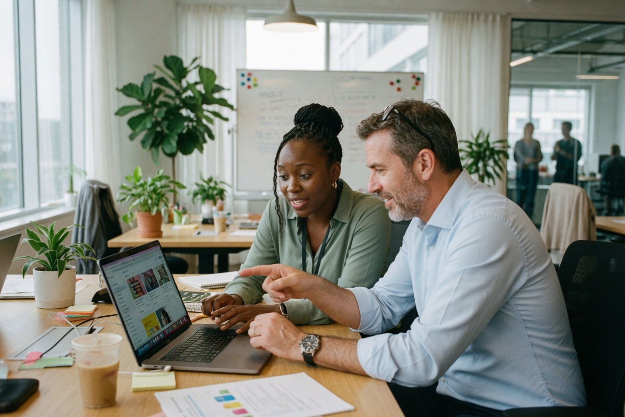 Recruiter and hiring manager reviewing a WorkSignal ranked candidate shortlist together on a laptop before advancing a candidate