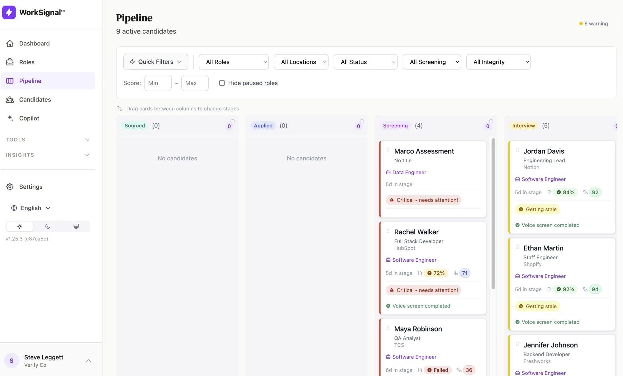 WorkSignal candidate pipeline with ranked scores