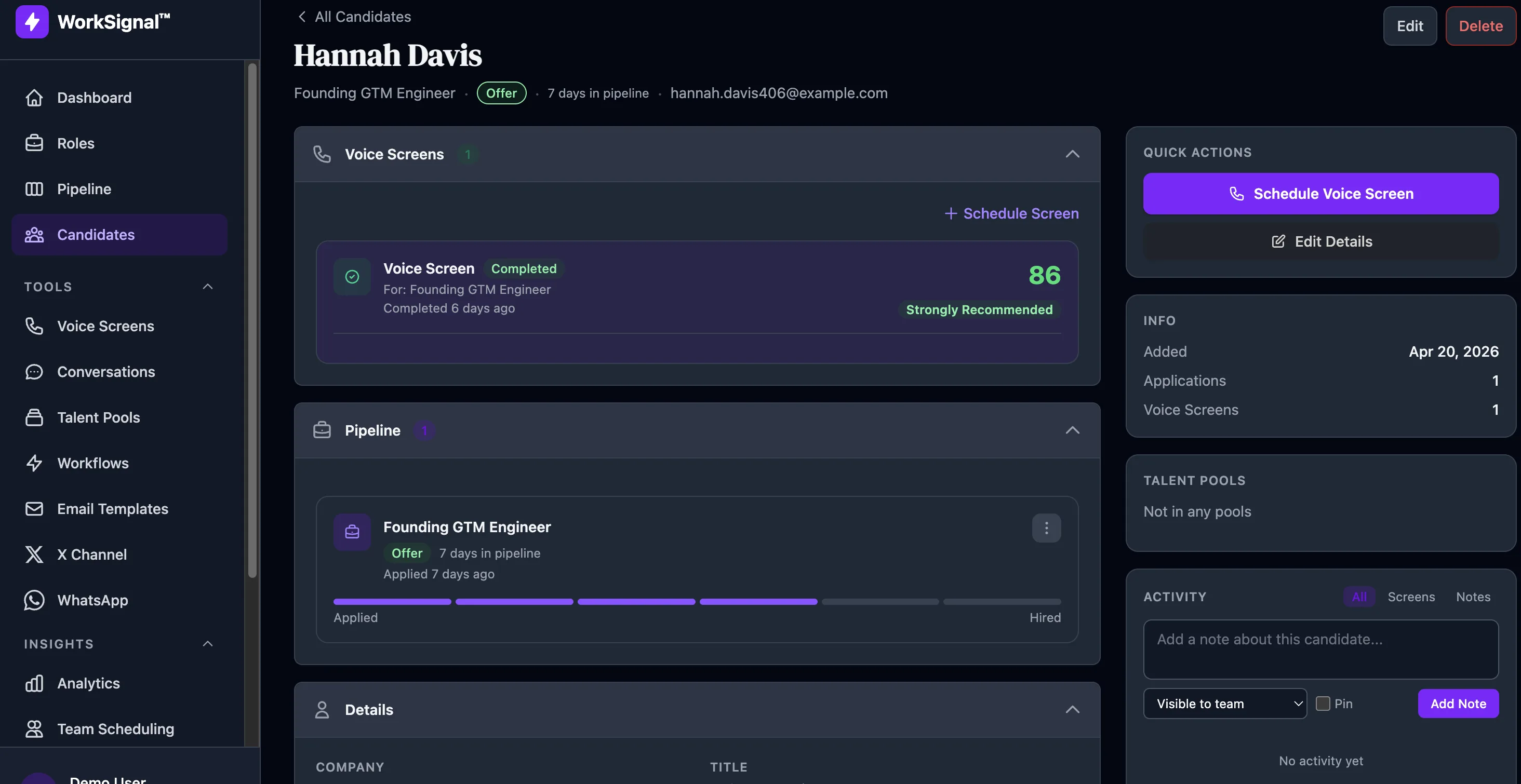 Candidate profile with voice screen results and pipeline progress