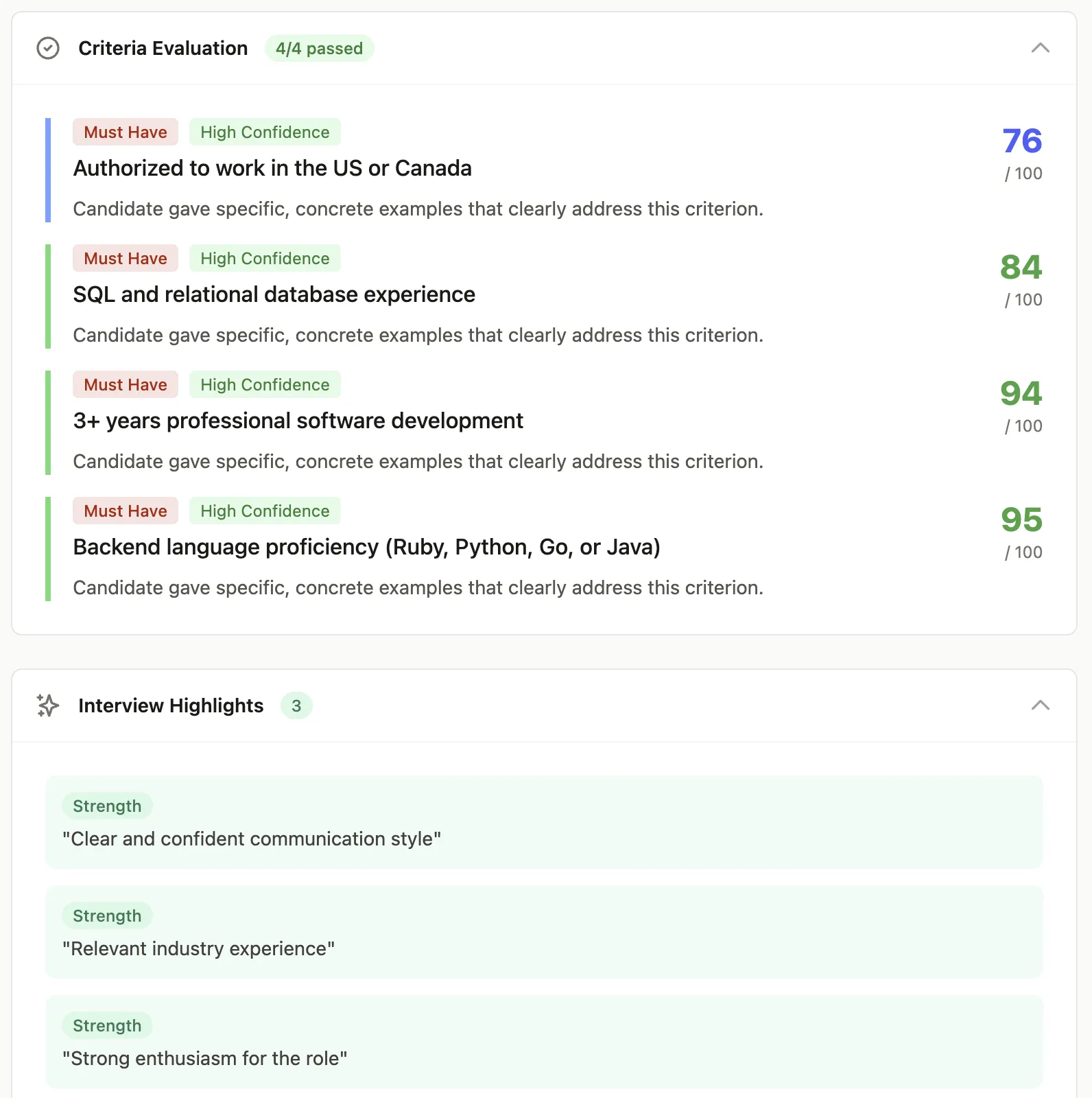 Criteria evaluation showing all four job criteria passed with scores up to 95 out of 100 and interview highlights