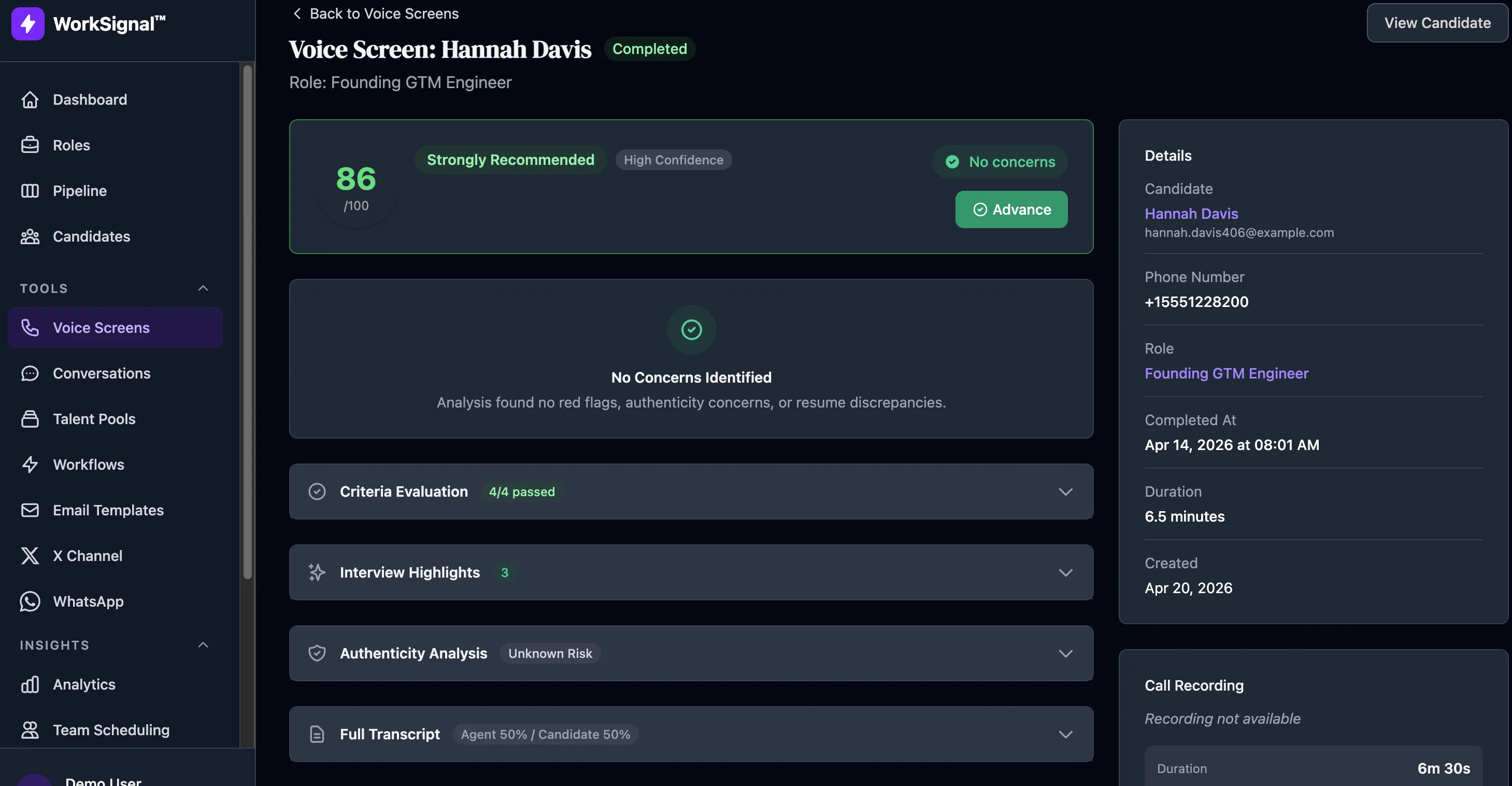 WorkSignal voice screen result for Hannah Davis: 86/100, Strongly Recommended, No concerns, with criteria evaluation, interview highlights, and full transcript